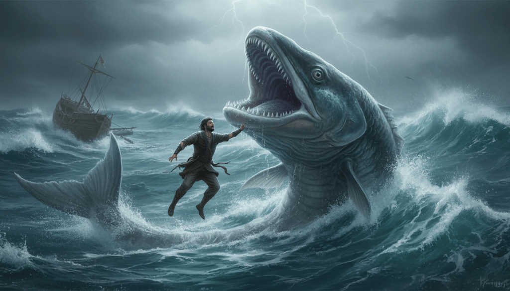 A dramatic scene depicting a massive fish rising from turbulent ocean waters, with a lightning-filled sky above. A man stands in the water, reaching out toward the fish, while a ship is visible in the background.